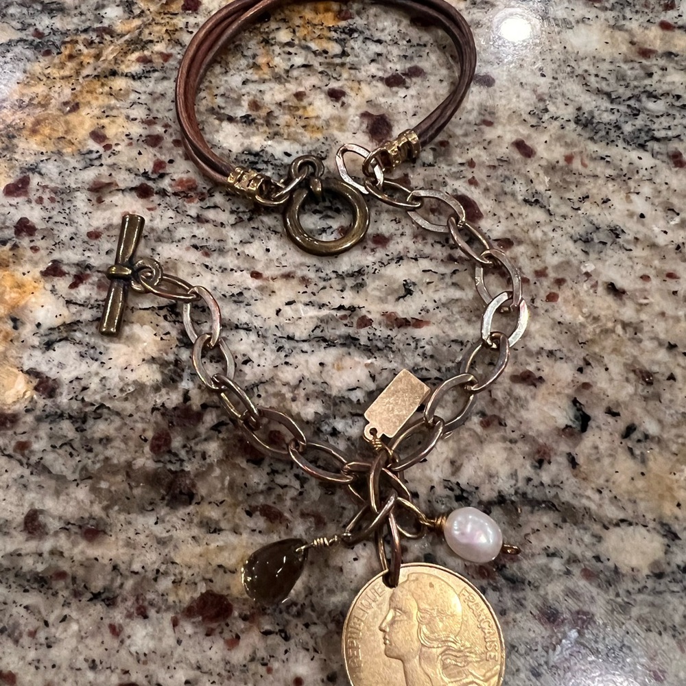 Vintage Leather/Brass chain bracelet with charms Wrap Around